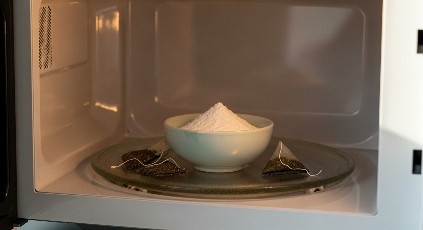 냄새 제거를 위해 베이킹소다가 담긴 작은 그릇이 놓인 전자레인지 내부