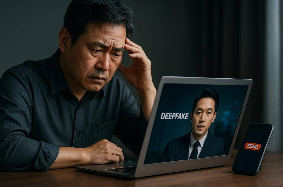 중년 남성이 노트북 화면 속 딥페이크 영상을 보며 혼란스러워하는 모습