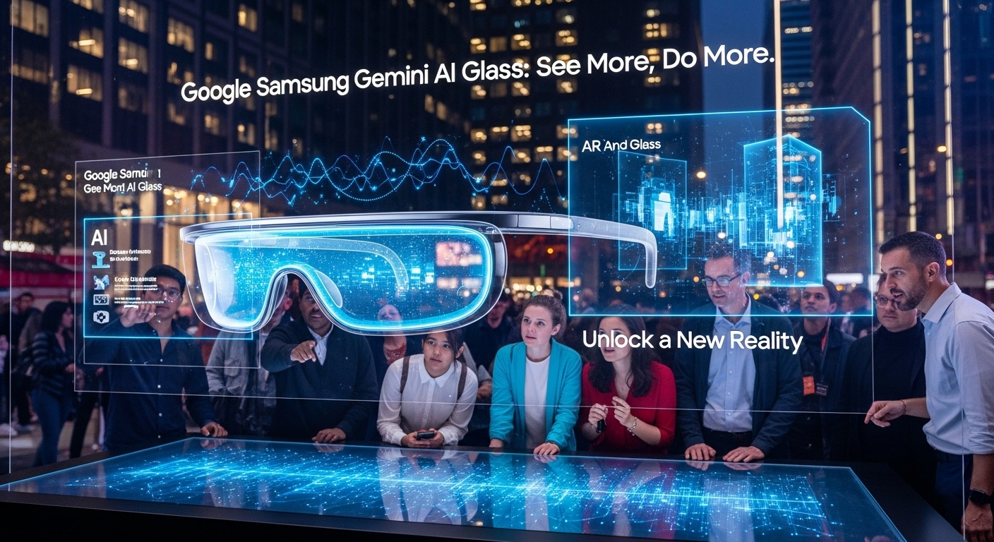 구글 삼성 제미나이 AI 글라스가 매장 진열대에 전시되어 있고, 사람들이 출시를 기대하며 바라보는 모습. 웨어러블 시장의 미래를 암시합니다.
