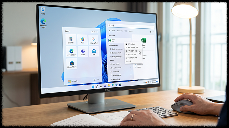 Windows 11 검색 결과에서 자주 사용하는 프로그램을 시작 메뉴에 고정하는 모습
