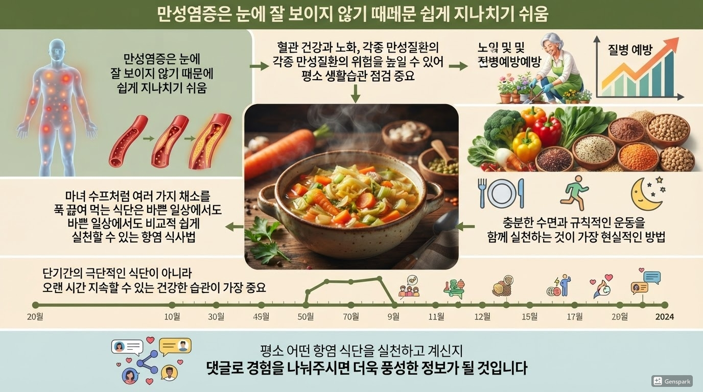 평소 어떤 항염 식단을 실천하고 계신지 댓글로 경험을 나눠주시면 더욱 풍성한 정보가 될 것입니다