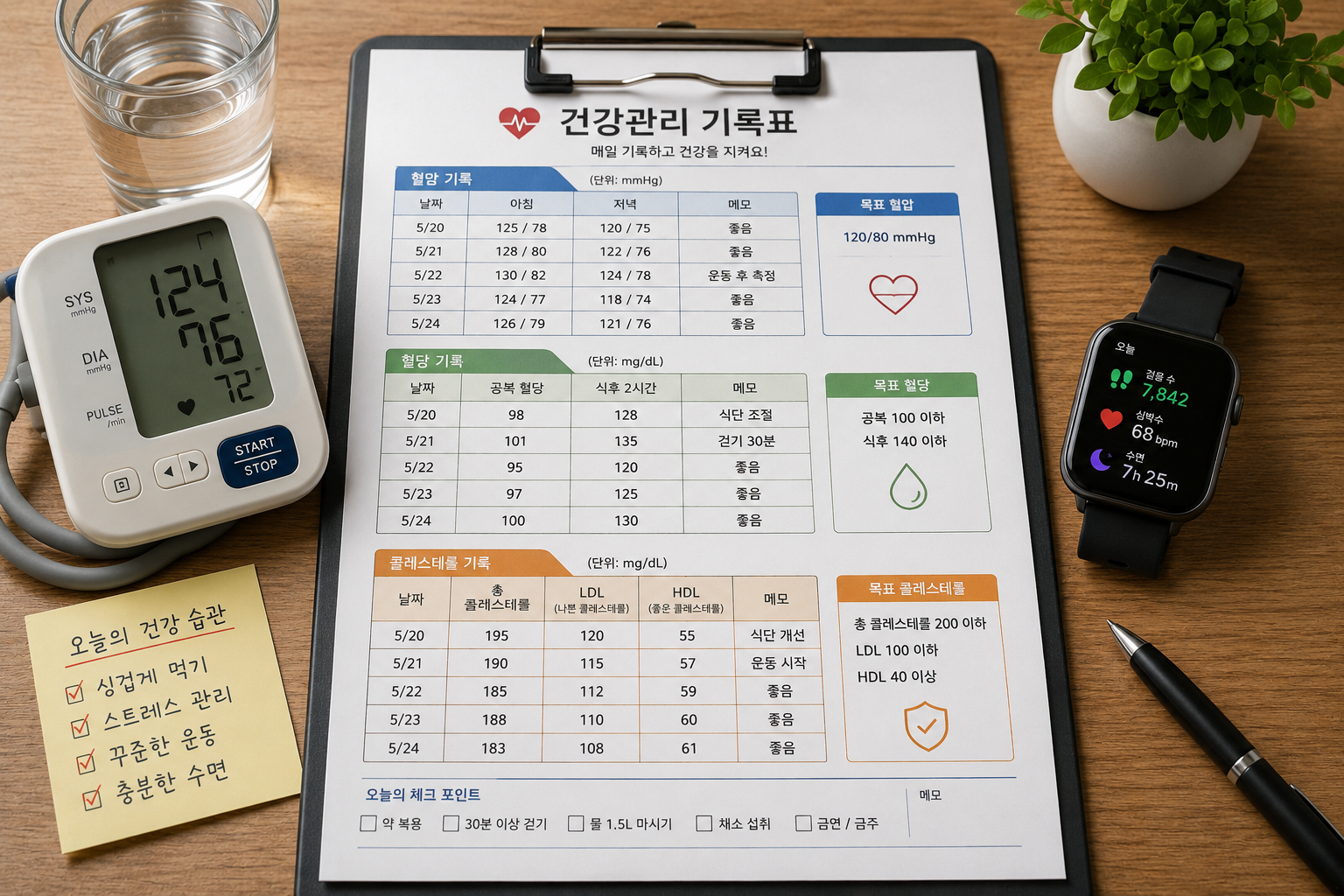 혈압&amp;#44; 혈당&amp;#44; 콜레스테롤 기록표와 스마트워치가 놓인 건강관리 이미지