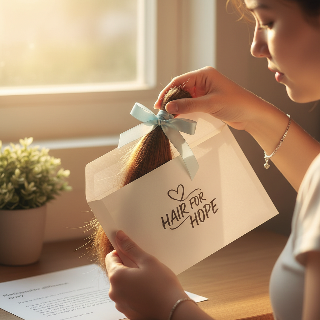 정성껏 묶은 머리카락 다발을 기부 봉투에 넣는 따뜻한 이미지