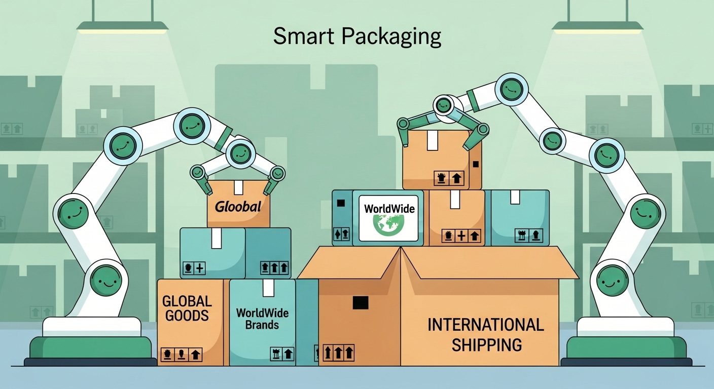 배송대행지에서 여러 개의 해외 직구 상품을 하나의 박스에 합치고 재포장하는 모습. 효율적인 배송 시스템을 상징한다.