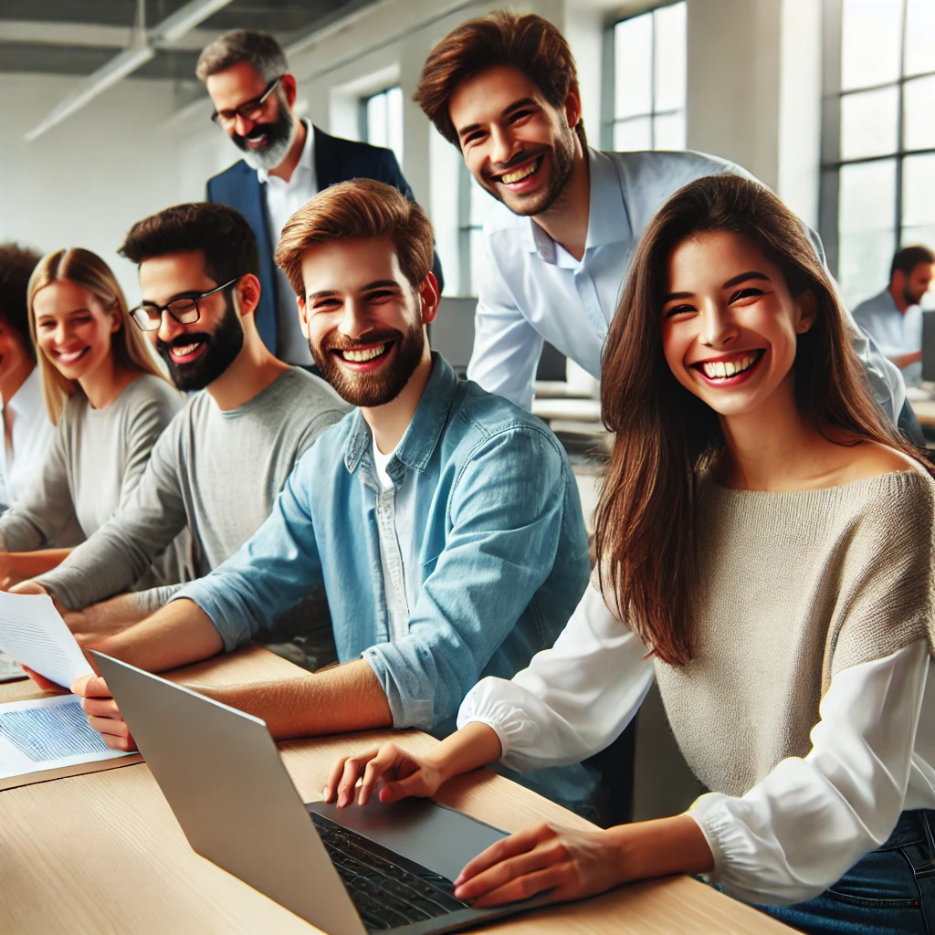 회사에서 직장동료들하고 웃으면서 일하고 있는 직장인의 모습