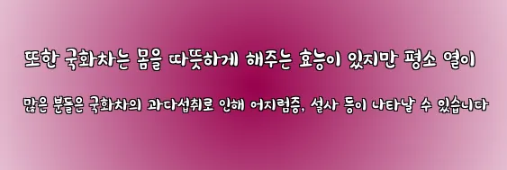  또한 국화차는 몸을 따뜻하게 해주는 효능이 있지만 평소 열이 많은 분들은 국화차의 과다섭취로 인해 어지럼증, 설사 등이 나타날 수 있습니다