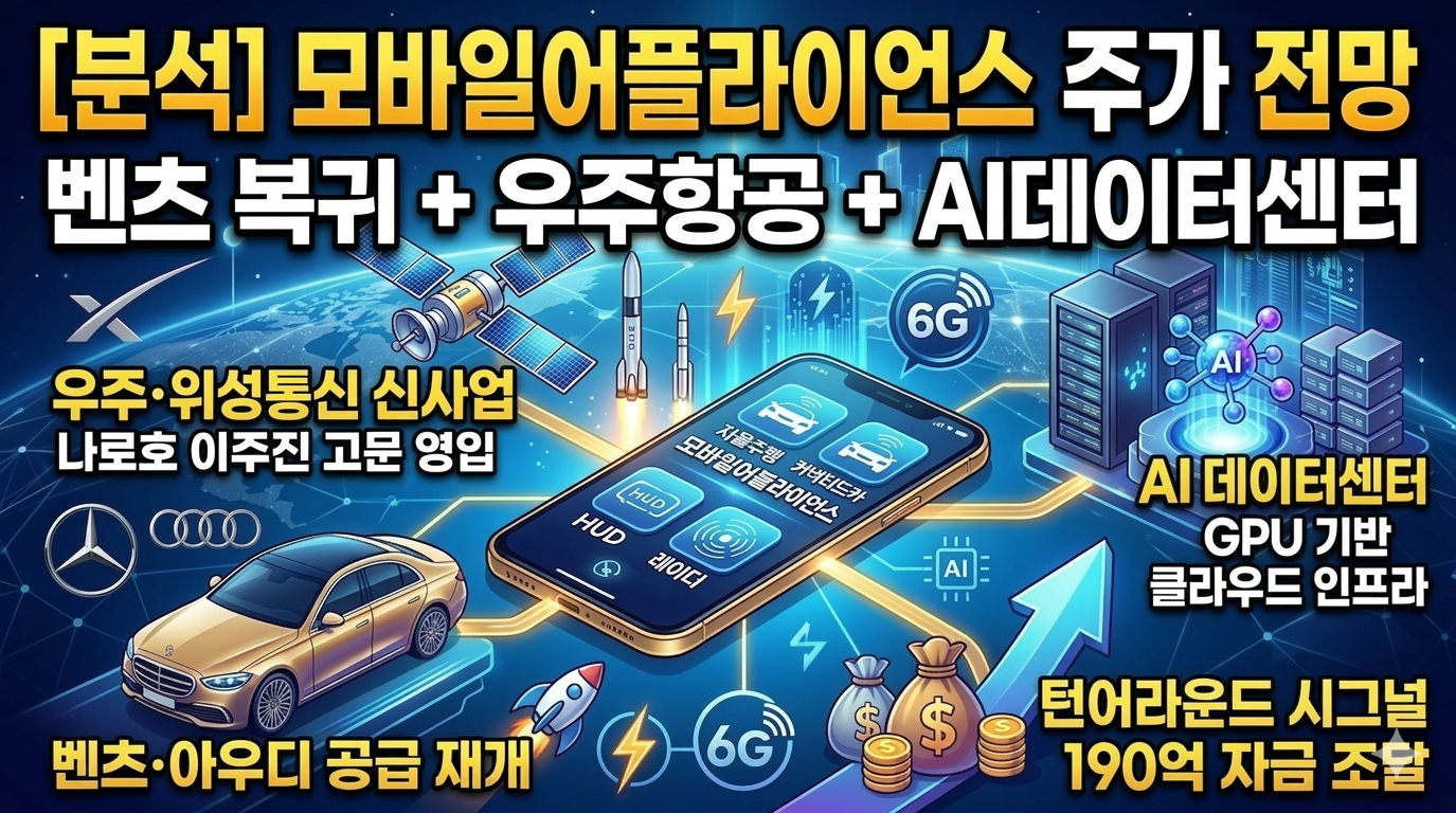 요청하신 썸네일 이미지의 ALT 텍스트입니다. 구글 SEO(검색 엔진 최적화)를 고려하여 이미지의 핵심 내용과 키워드를 포함해 작성했습니다.

이미지 ALT 텍스트 추천
"모바일어플라이언스(087260) 주가 전망 분석 인포그래픽 썸네일. 미래지향적인 파란색 글로벌 네트워크 지도를 배경으로, 상단에 노란색 대형 텍스트로 '[분석] 모바일어플라이언스 주가 전망'이 적혀 있다. 그 아래로 '벤츠 복귀 + 우주항공 + AI데이터센터'라는 핵심 테마가 강조되어 있다. 이미지 하단에는 벤츠 S클래스 세단과 함께 '벤츠&middot;아우디 공급 재개' 문구가 보이며, 우측 하단에는 상승 화살표와 돈다발 그림 위로 '턴어라운드 시그널 190억 자금 조달' 문구가 적혀 있다. 중앙의 스마트폰 주변으로 위성과 로켓, '우주&middot;위성통신 신사업 나로호 이주진 고문 영입' 문구, 그리고 AI 로고가 박힌 서버 랙과 'AI 데이터센터 GPU 기반 클라우드 인프라' 문구가 배치되어 다각화된 미래 신사업을 시각적으로 보여준다. 여러 개의 '6G' 로고도 포함되어 있다."