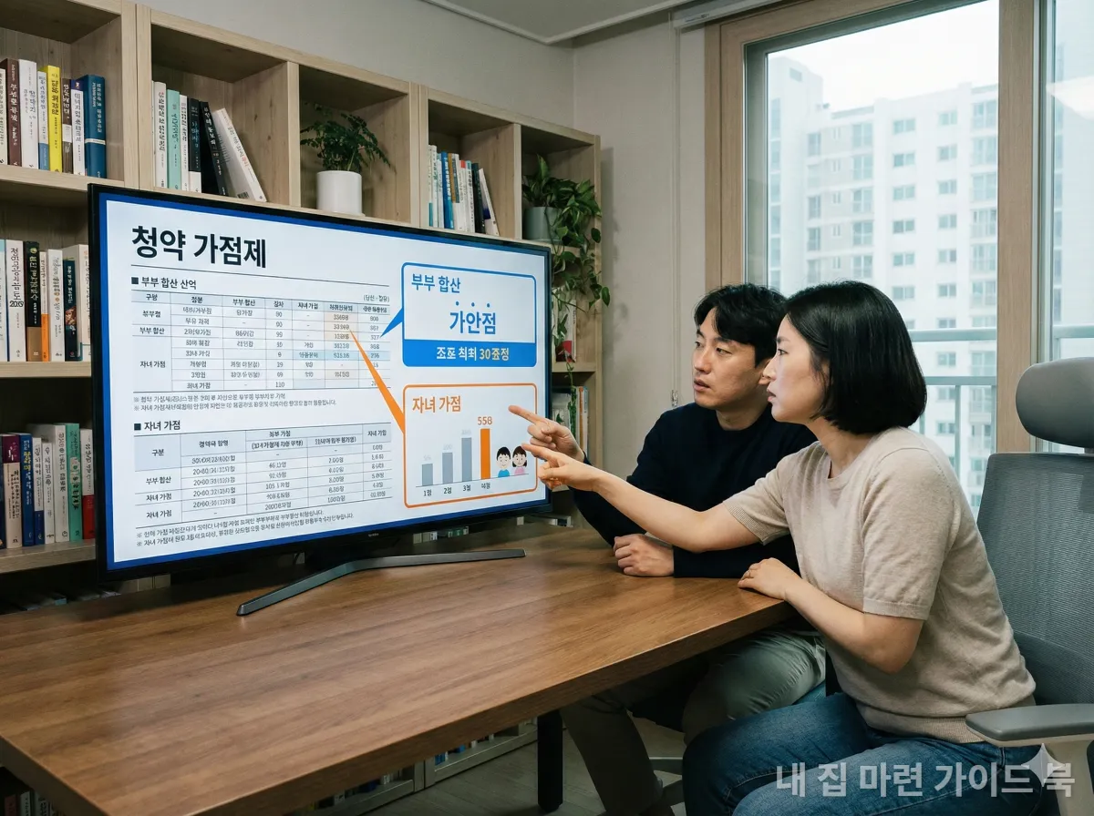 2026년 청약 가점제 개편 내용을 분석하는 한국인 부부