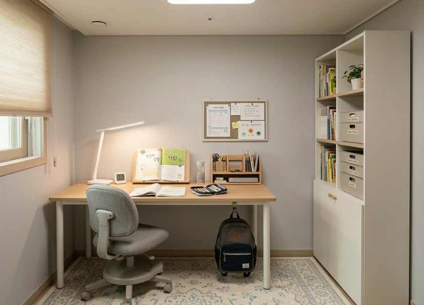 작은 방에서도 집중이 잘 될 수 있도록 환경을 잘 정비한 모습