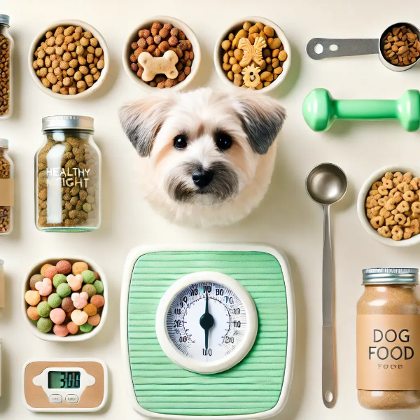 하얀 배경 위에 정리된 반려견 체중 관리용 사료, 계량컵, 체중계의 전문 스튜디오 촬영 사진