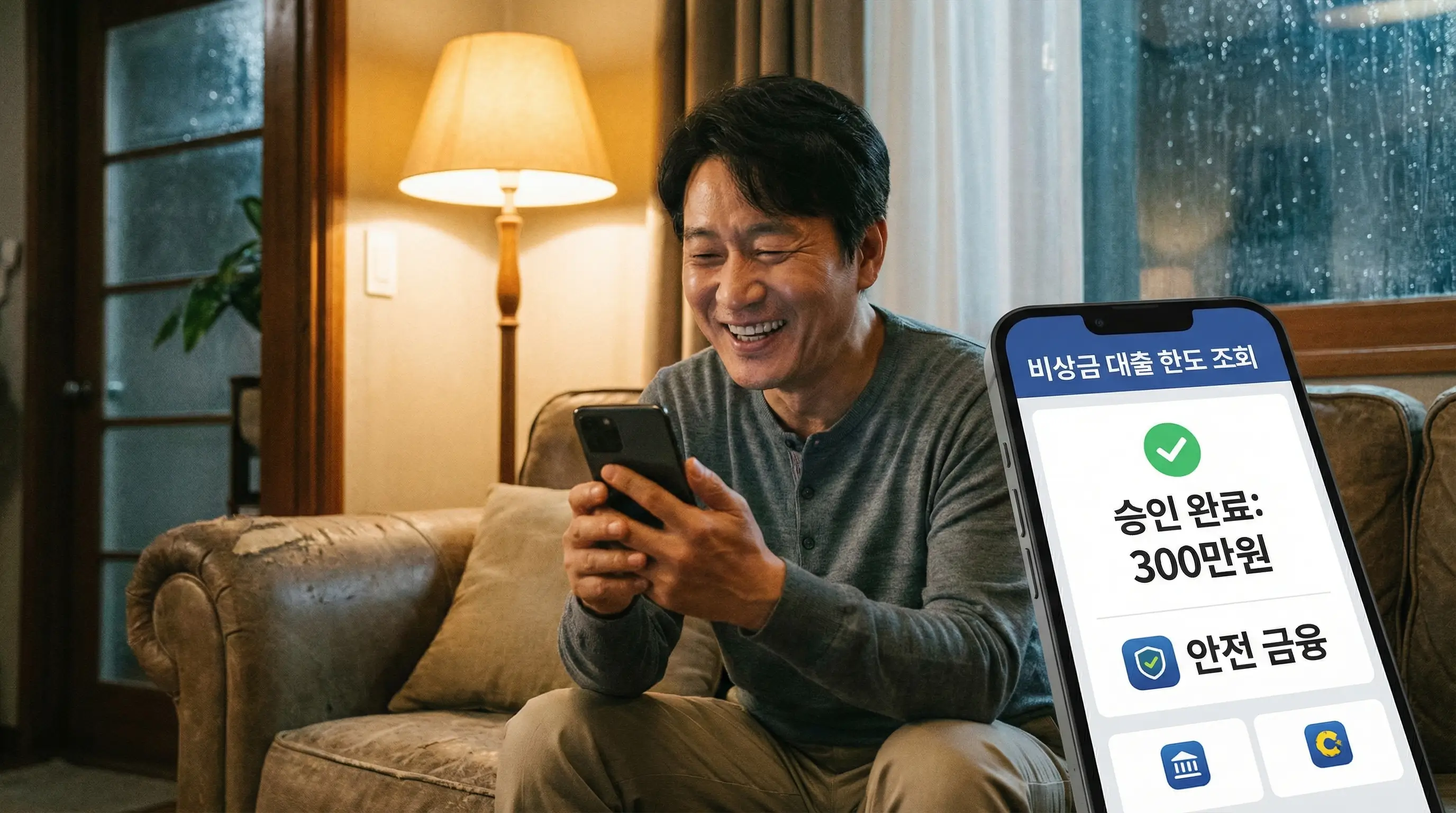 스마트폰으로 안전한 비상금 대출 한도를 조회하고 자금을 마련하여 안도하는 모습