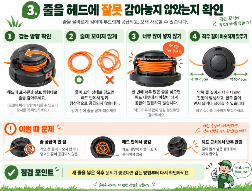 줄을 헤드에 잘못 감아놓지 않았는지 확인합니다