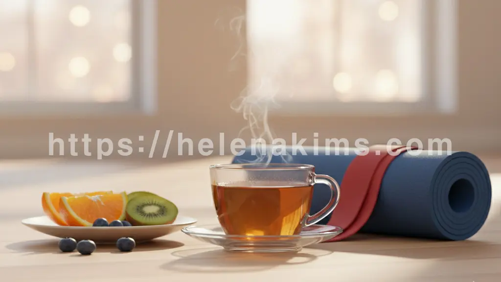 따뜻한 허브차 한 잔과 신선한 과일이 놓인 평화로운 공간. 요가 매트와 스트레칭 밴드가 조화롭게 배치되어 건강한 생활 습관과 균형 잡힌 라이프스타일을 상징하는 이미지.