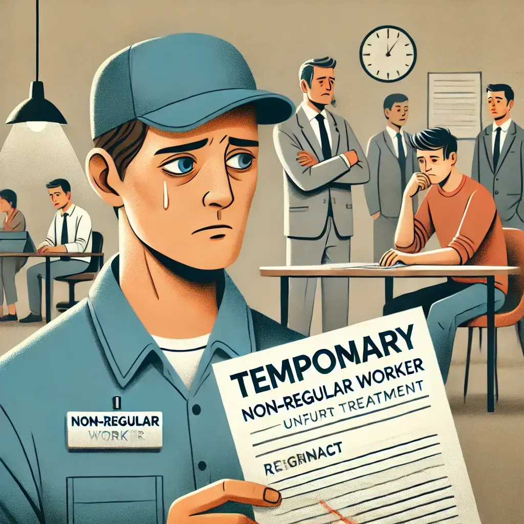 비정규직 노동자가 불합리한 상황을 겪고 있는 모습을 시각적으로 표현한 일러스트 이미지