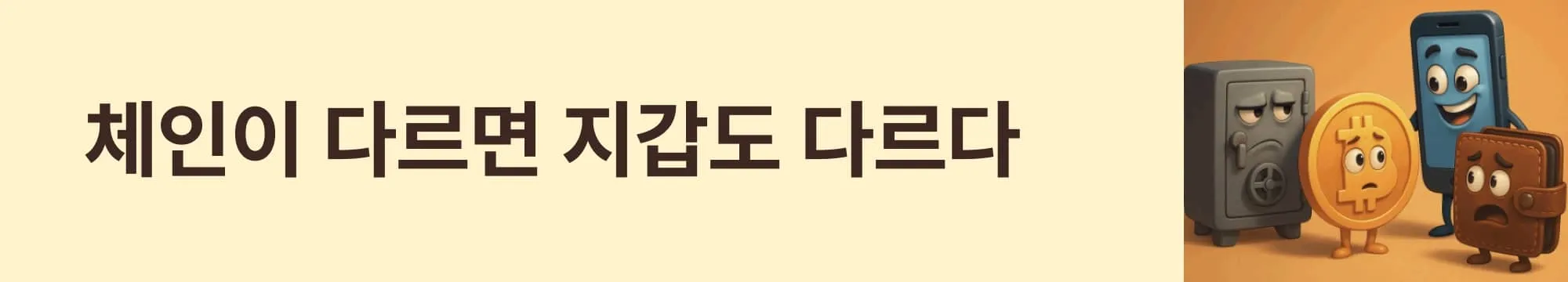 &lsquo;체인이 다르면 지갑도 다르다&rsquo;라는 문구가 포함된 웹배너 이미지. 이 이미지는 비트코인과 이더리움의 지갑 구조 차이를 통해 블록체인 철학과 자산 구조의 차이를 시각적으로 전달하며, 블로그의 체인별 지갑 설계 원리 섹션과 관련된 내용을 설명함 (wallet structure differences by blockchain)