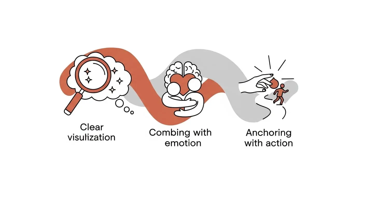 상상을 현실로 만드는 명확한 이미지화, 감정 결합, 행동 앵커링의 3단계를 시각적으로 표현한 추상적인 그림.