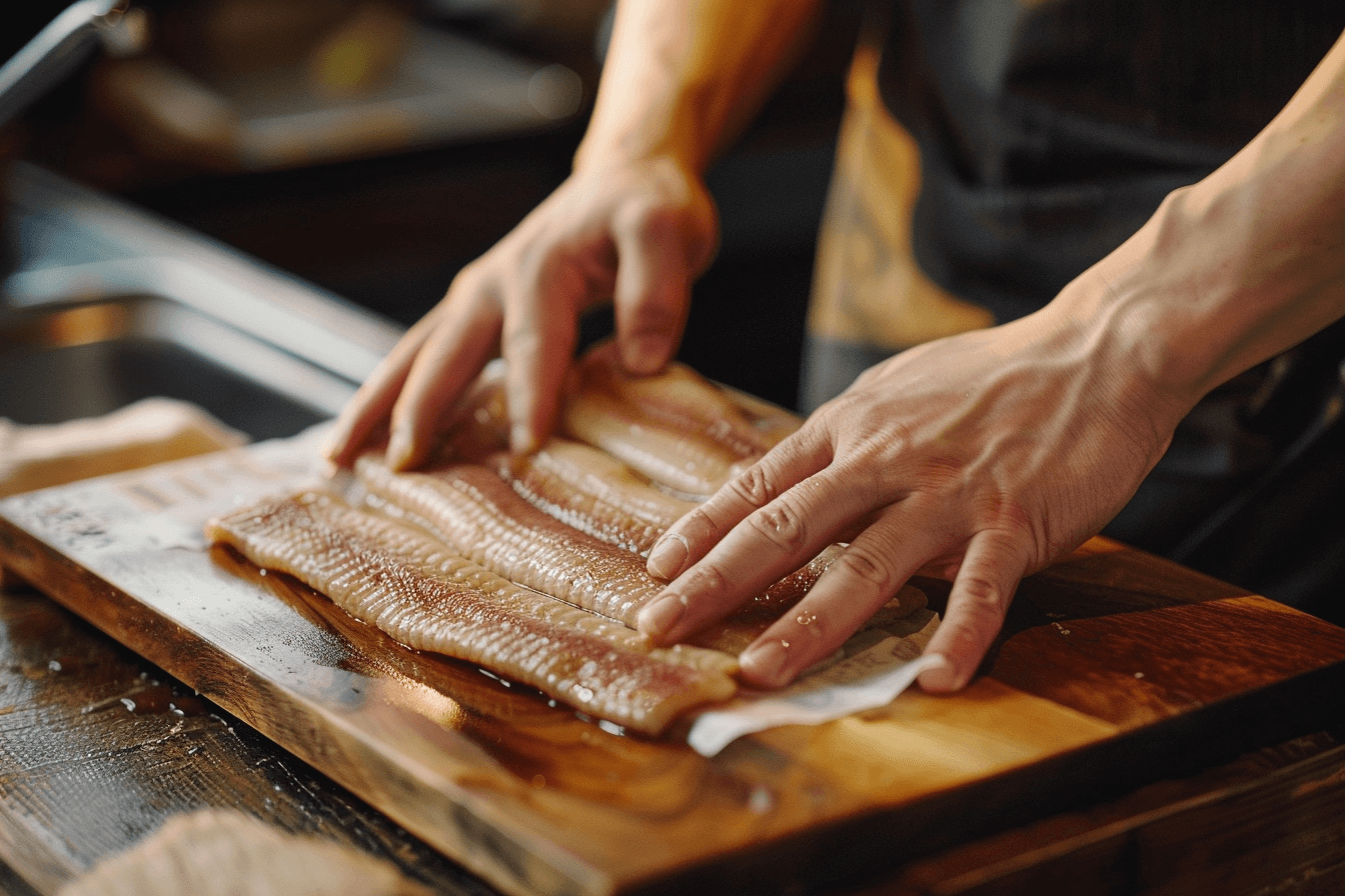 도마-위에서-장어를-손질중인-사람