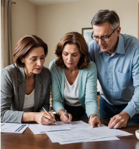 alt=Family members reviewing hospice facility options and cost documents together