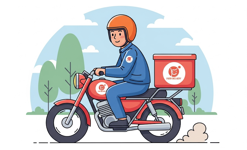 오토바이를 타고 음식 배달을 하는 배달부
