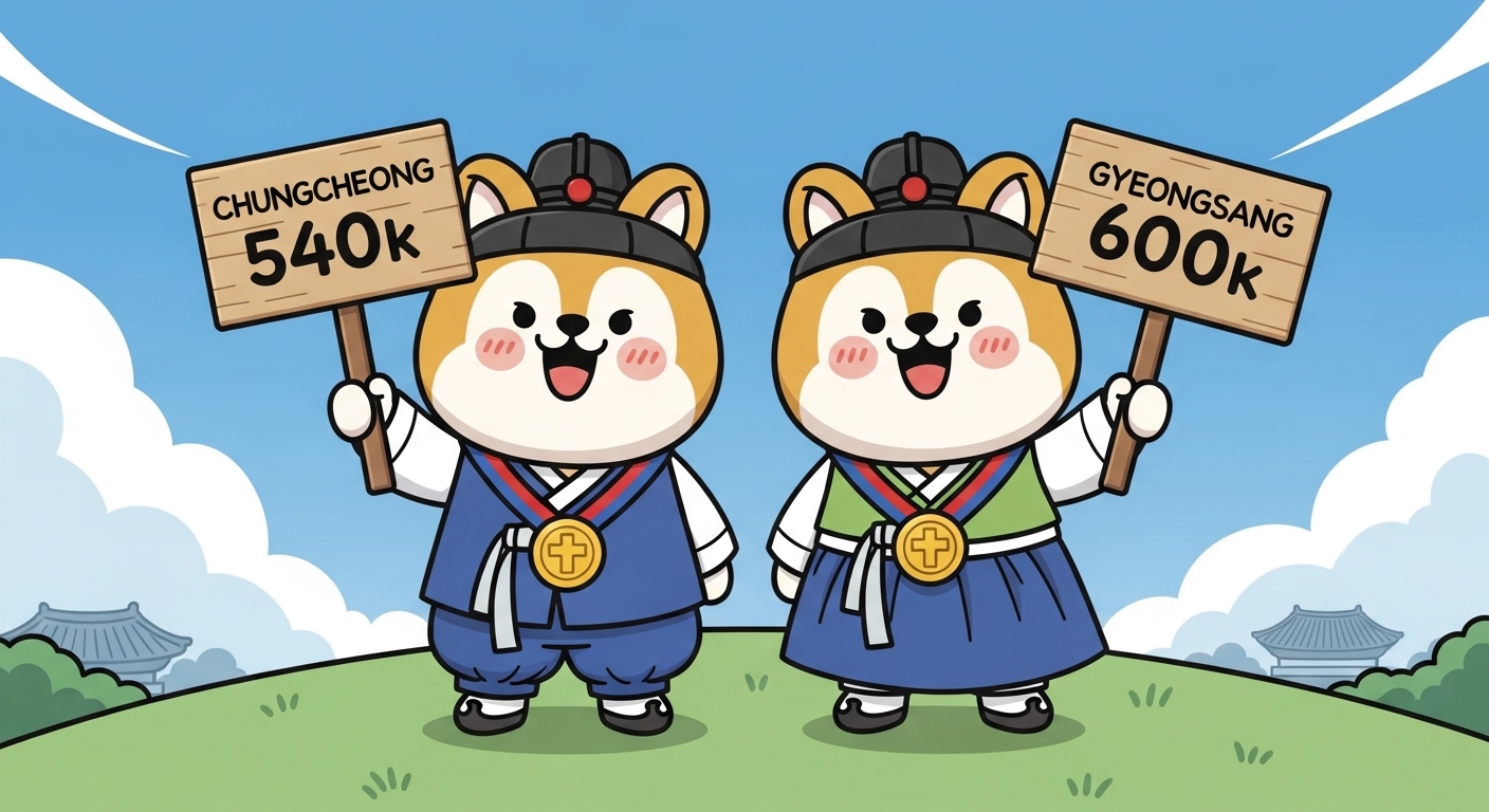 Cute characters of Chungcheong and Gyeongsang provinces wearing gold medals and holding pickets reading '540k' and '600k'.