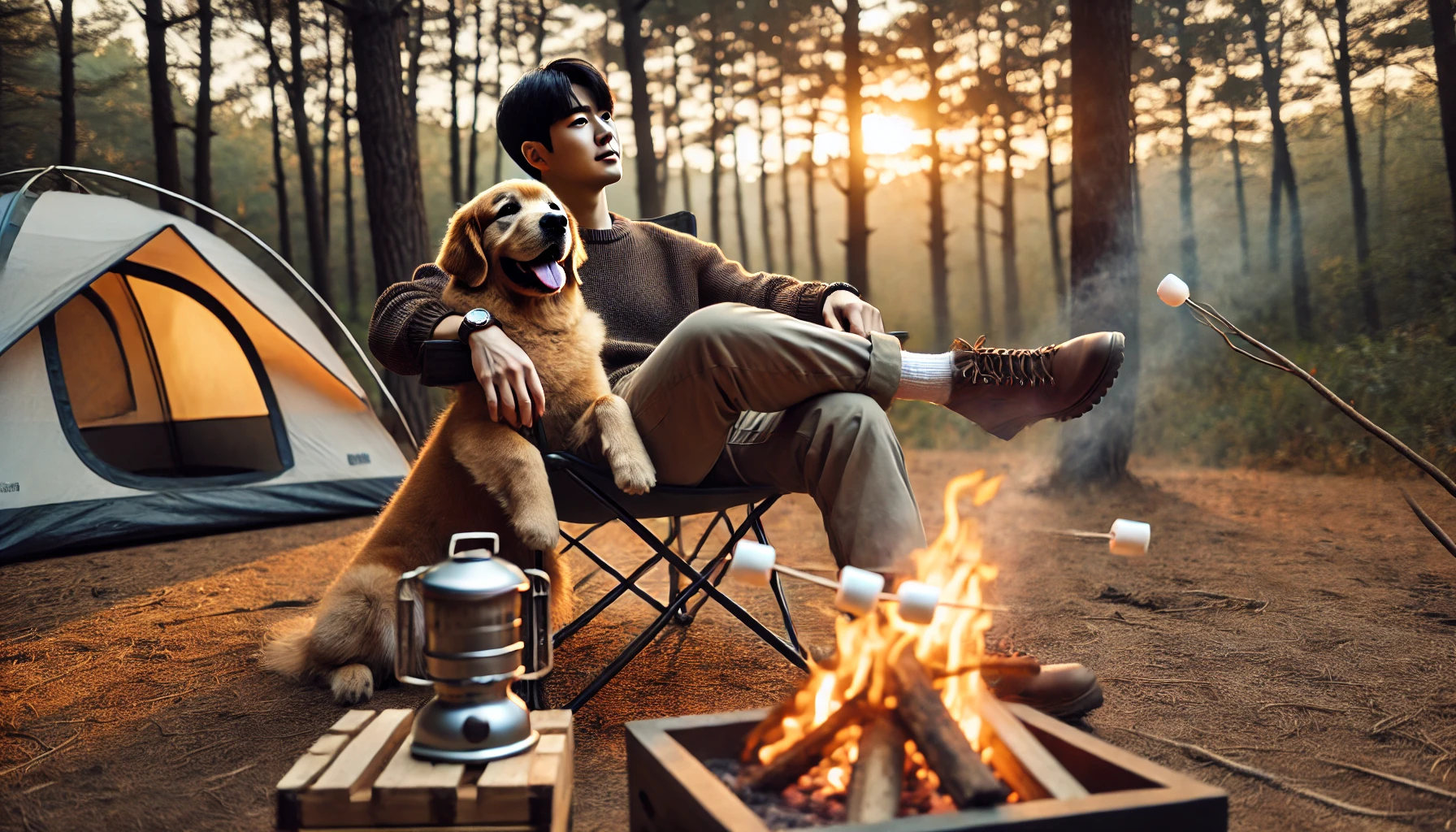 강아지가 모닥불 앞에서 주인과 캠핑하는 모습