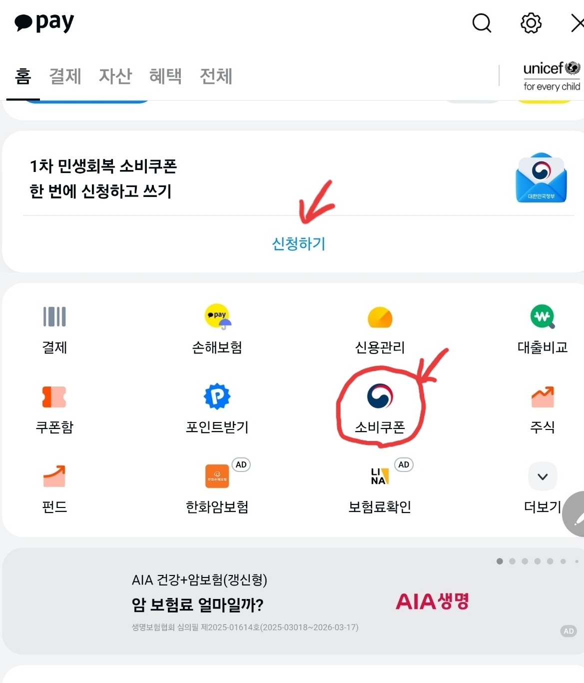 카카오페이를 통한 민생회복 소비쿠폰 신청 방법 이미지
