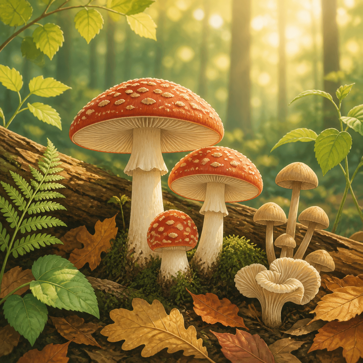 Mushrooms growing on a forest floor in a warm educational illustration