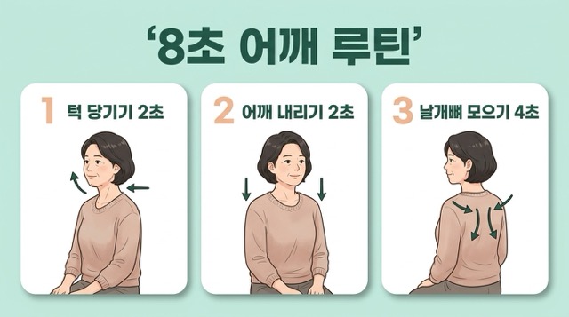 어깨 통증 8초 완화 루틴 턱 당기기 어깨 내리기 날개뼈 모으기