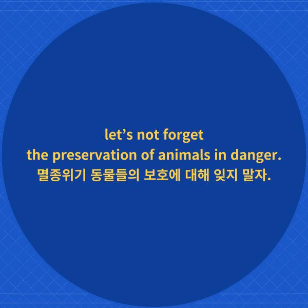 let’s not forget
the preservation of animals in danger.
멸종위기 동물들의 보호에 대해 잊지 말자.
이 문장에서 동사원형으로
사용된 것은 무엇인가요?
금방 찾으실 수 있죠.
바로 not 뒤의 forget입니다.
그러니까 이 문장은 함께 잊지 말자
라는 권유문이 되는 것이죠.