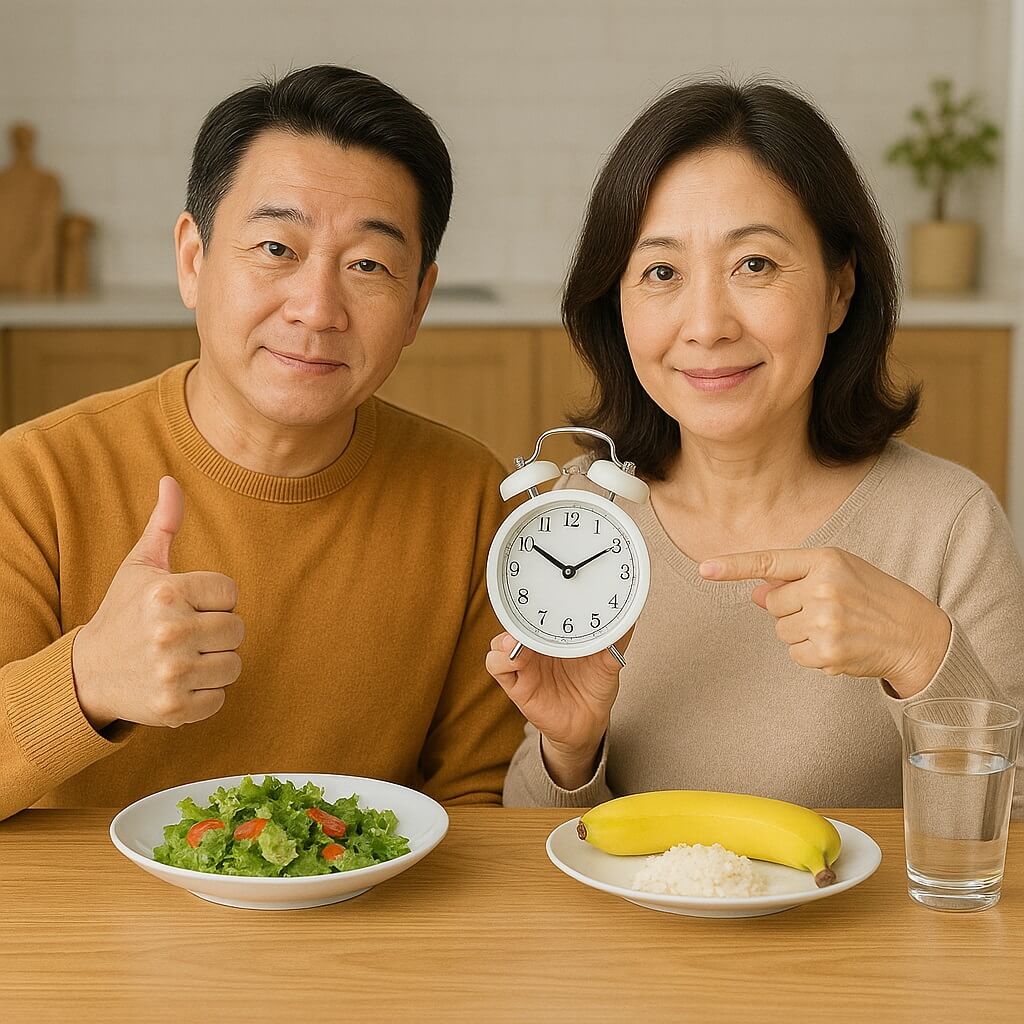간헐적 단식을 시작하려는 50대 중년 부부가 식탁에 앉아 시계를 가리키고 건강한 음식과 함께 단식의 핵심을 표현하는 모습
