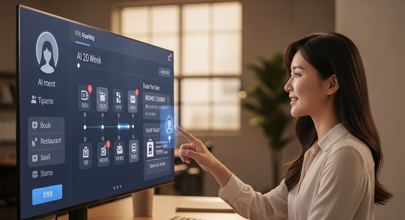 interacting naturally with an AI agent interface on a large digital screen