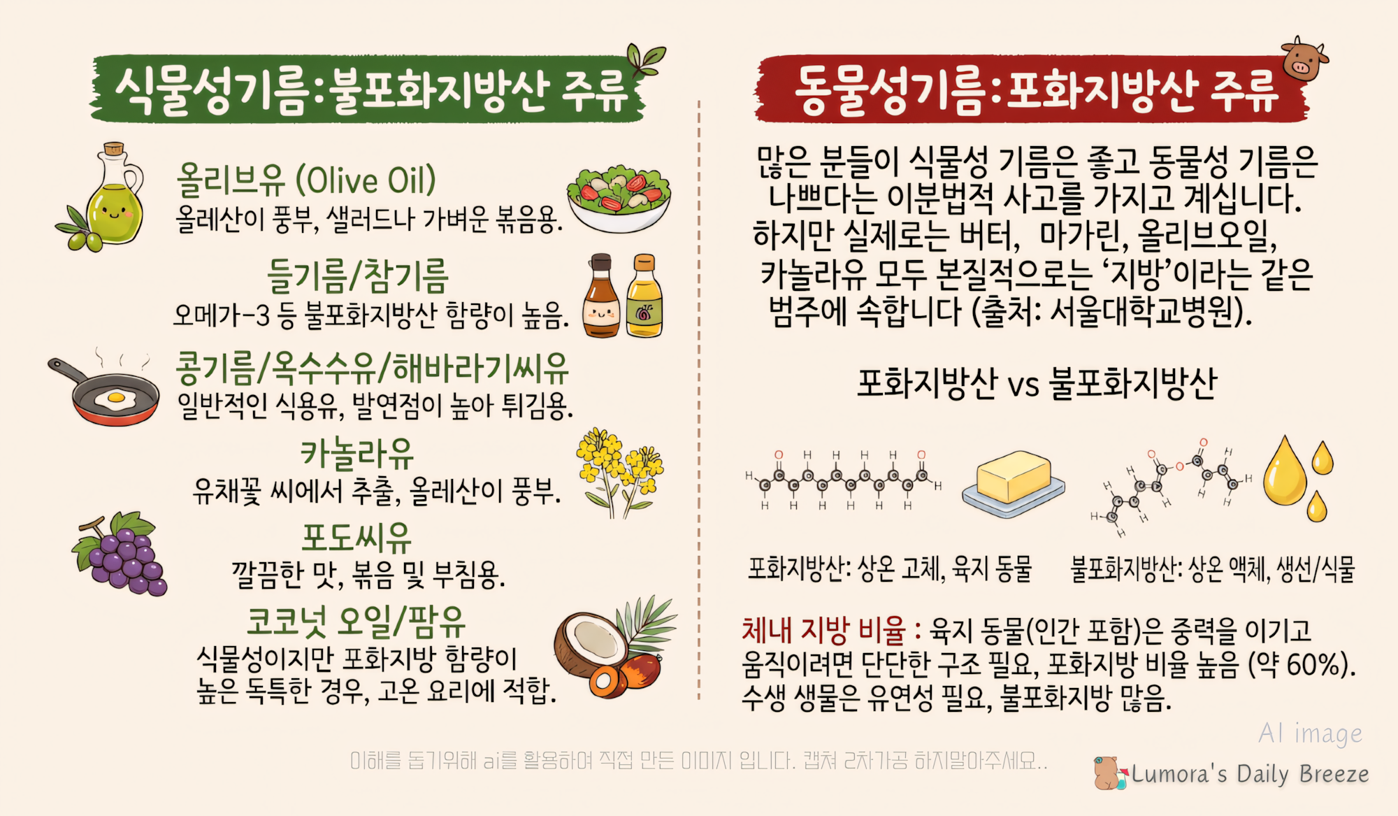 식물성 기름과 동물성 기름, 정말 차이가 있을까? : 이해를 돕기위한 분류를 나누고 해당 기름들을 이미지와 설명을 넣은 이미지.