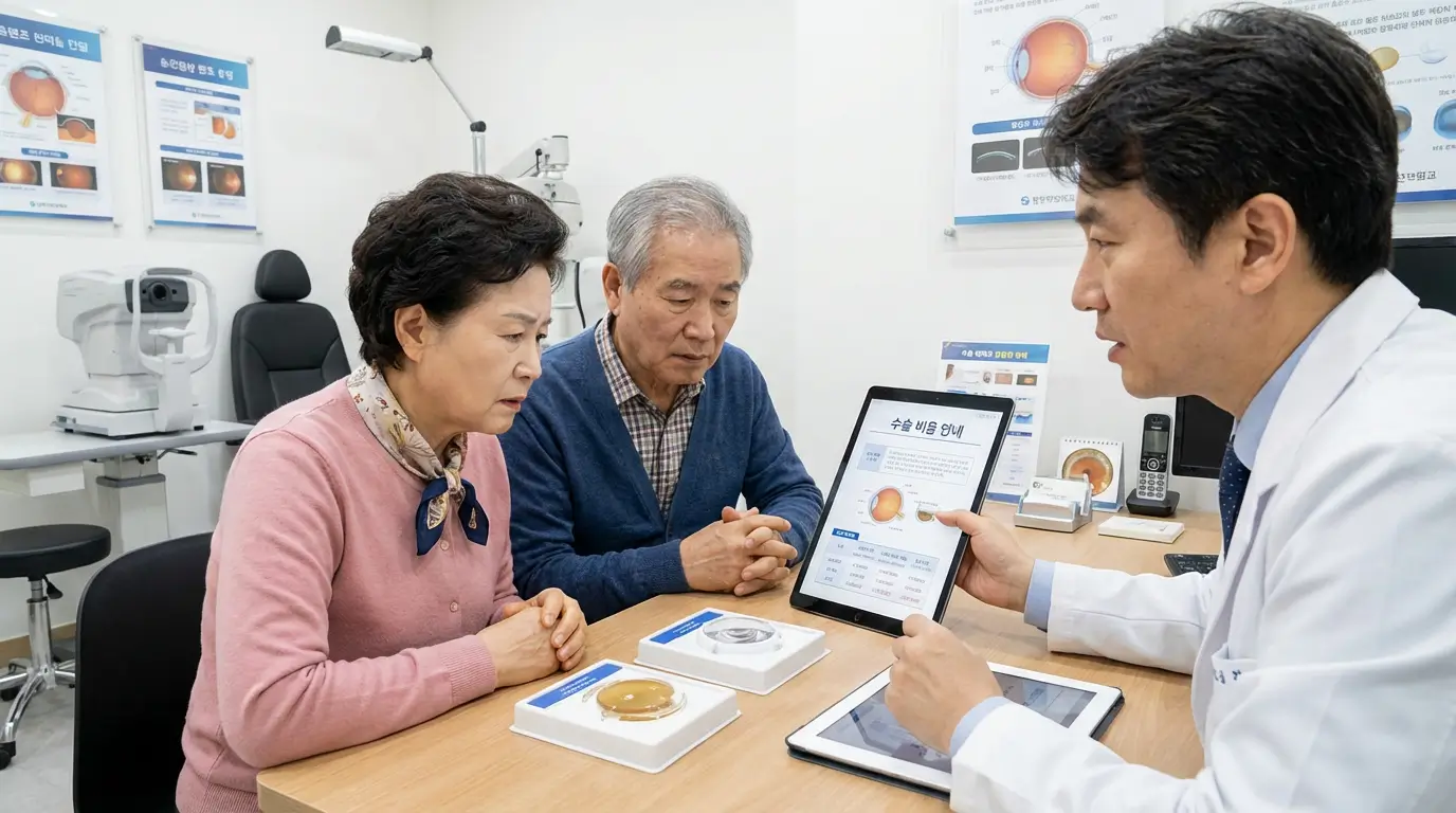 안과 의사와 렌즈 종류 및 수술 비용에 대해 진지하게 상담하고 있는 노부부의 모습