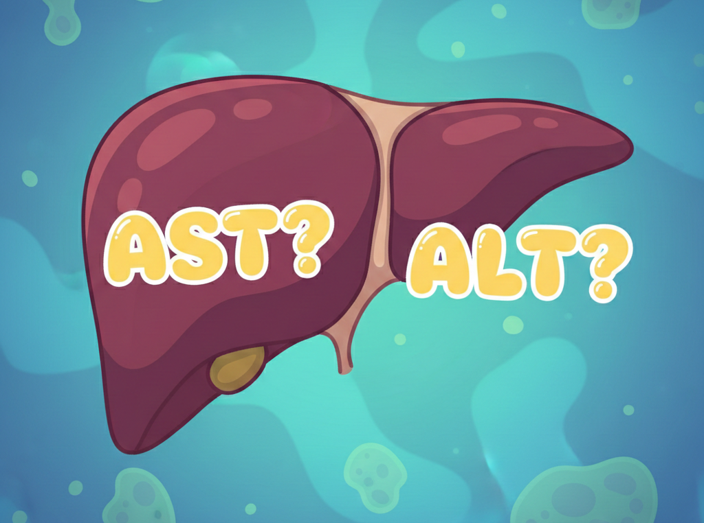 간단한 간 그래픽 위에 노란색 글씨로 'AST?', 'ALT?'라고 적혀 있는 이미지입니다.