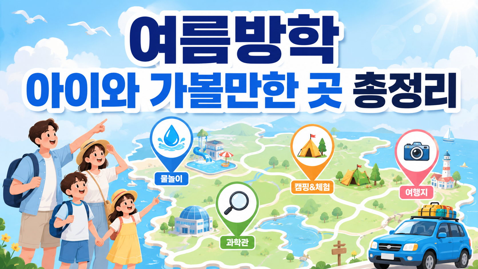 여름방학 한 달, 아이와 어디 갈지 막막하다면 이 글 하나로 끝내세요. 삼형제 아빠가 이번 여름 직접 정리한 워터파크·전국 무료 물놀이장·실내 과학관·풀빌라·여름축제 가이드를 물놀이·체험·여행 테마별로 모았습니다. 날씨와 상황에 맞춰 바로 골라 떠나세요.