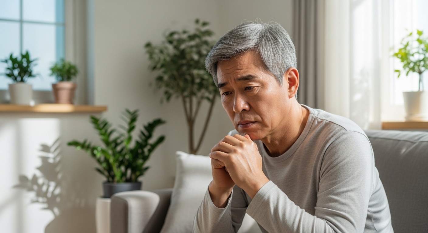 봄철 거실에서 피곤한 표정을 짓는 60대 남성 모습