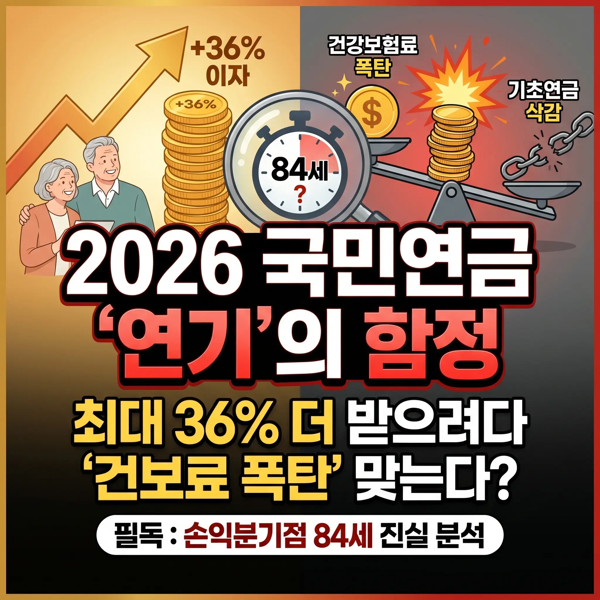 2026년 국민연금 연기연금의 함정 및 단점 분석 썸네일. 최대 36% 이자 가산 혜택과 건강보험료 폭탄, 기초연금 삭감 리스크를 저울질하며 손익분기점 84세의 진실을 설명하는 이미지.