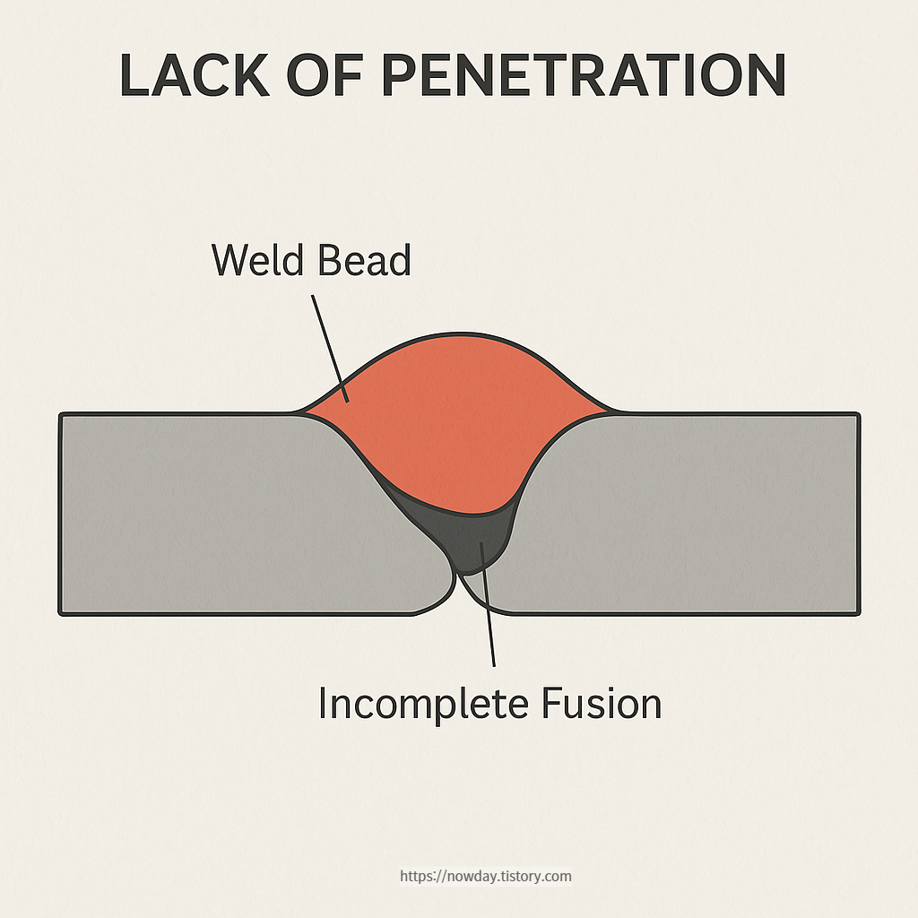 Diagram showing incomplete fusion at the weld root due to insufficient heat or poor joint fit-up