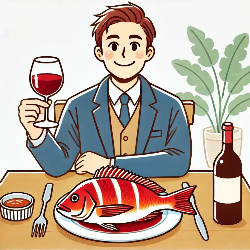 참돔 요리를 식탁에 두고 와인잔을 들며 즐거워하는 남성