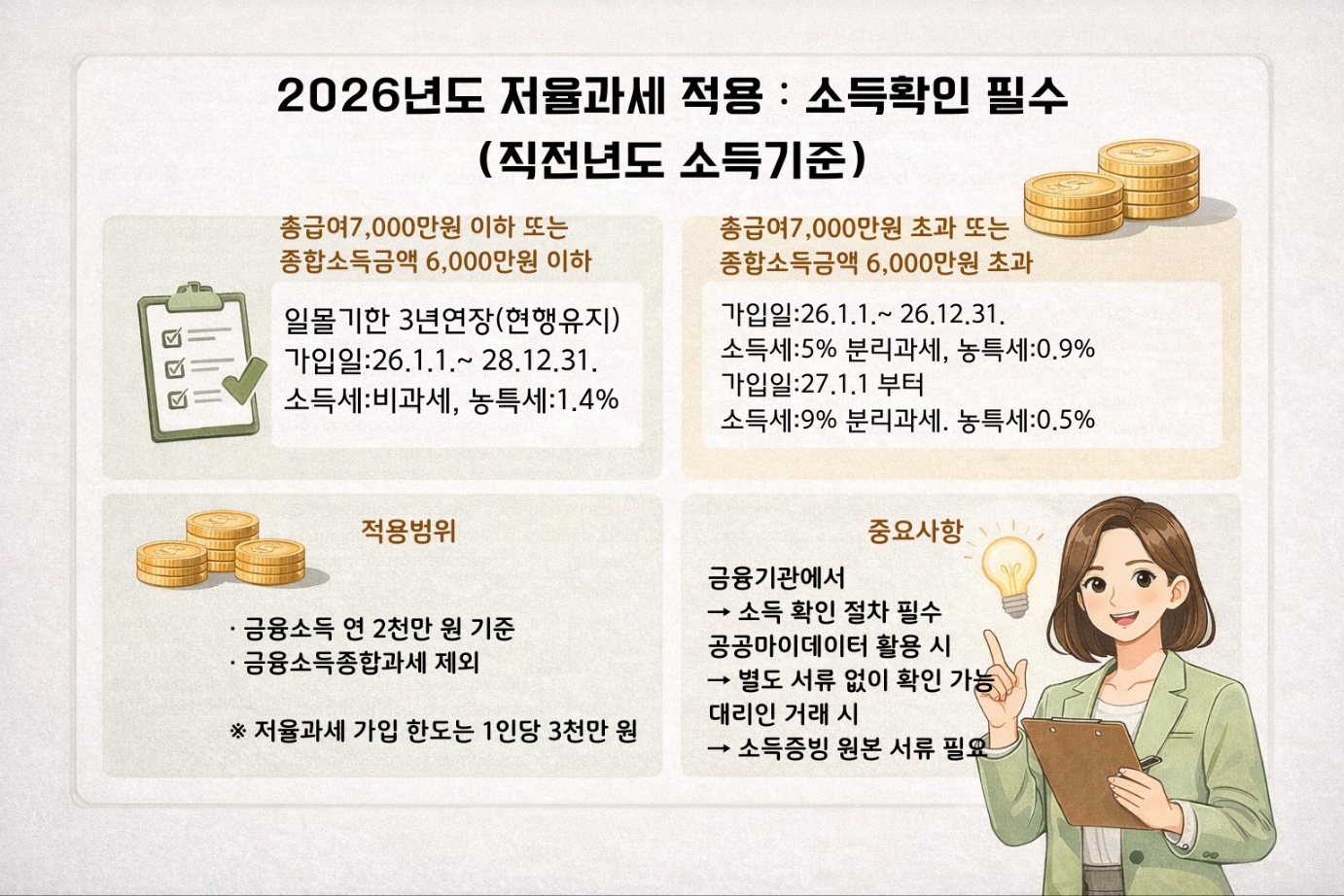 은행과 상호금융권의 저율과세 적용 세율 차이와 소득 요건 여부를 비교한 금융기관별 세금 구조 안내 이미지