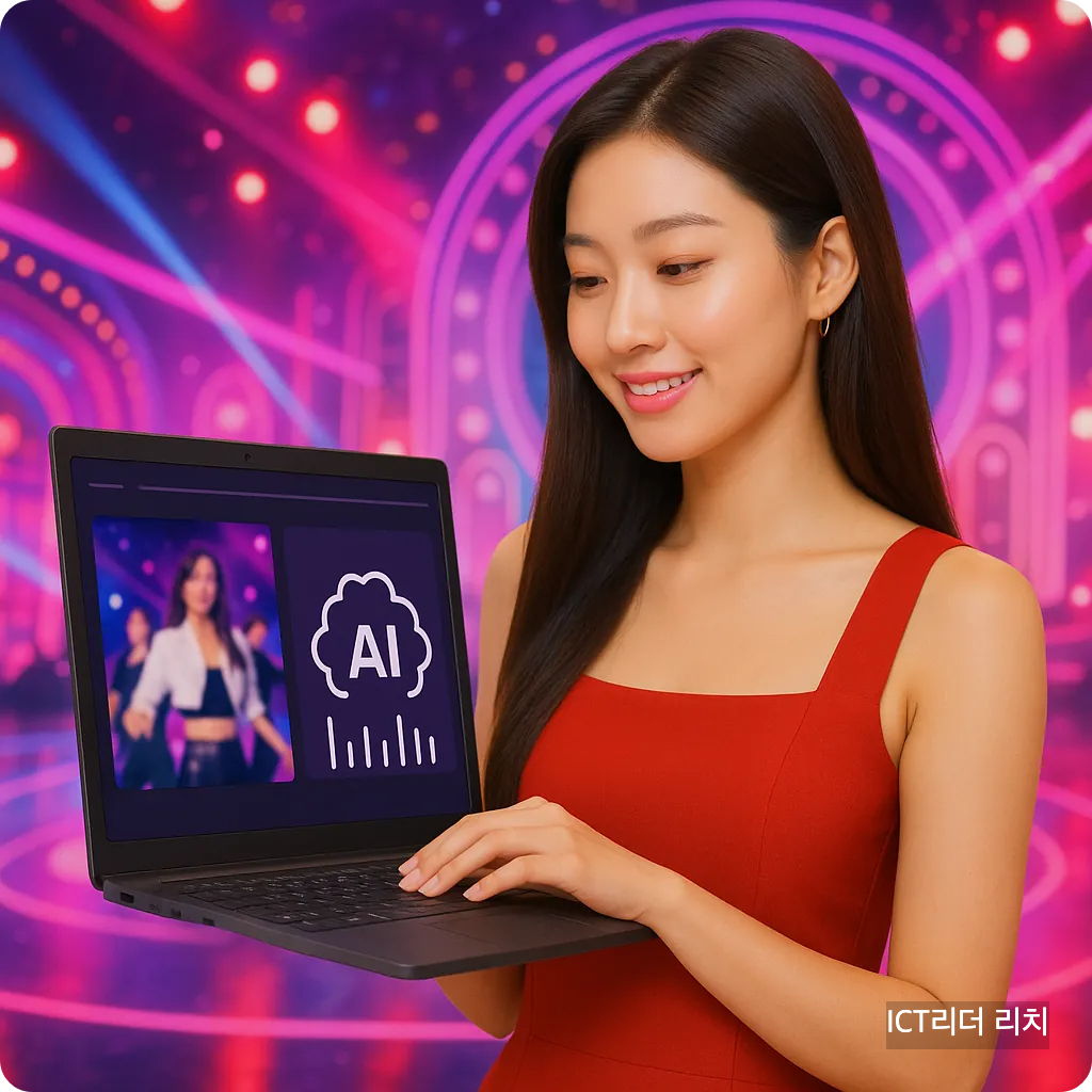 AI 영상 편집 장면을 노트북으로 보여주는 20대 여성이 K-POP 무대 배경 앞에서 미소 짓는 장면
