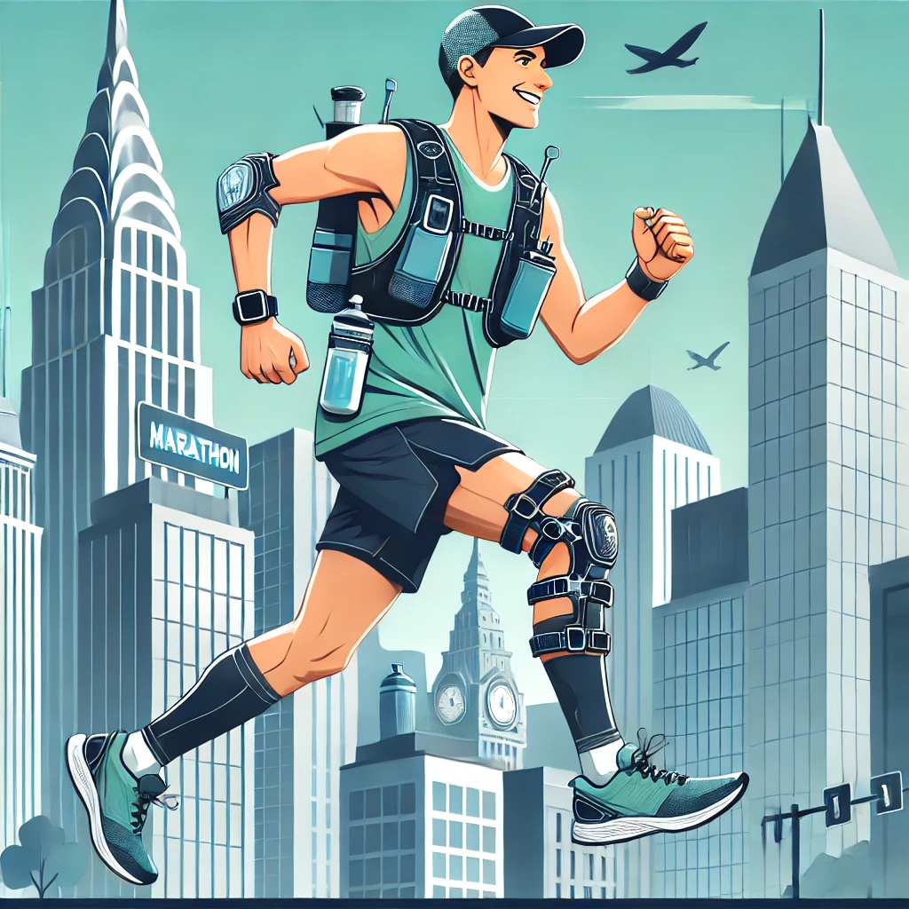 온갖 장비를 사용하고 달리는 러너 이미지