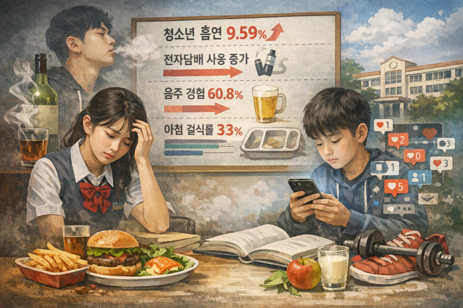 청소년 건강 악화 실태 (전자담배, 음주, 건강습관)