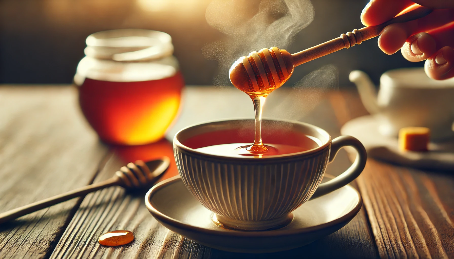 꿀이 흐르는 스푼과 따뜻한 차