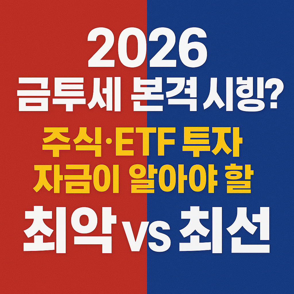 2026 금투세 진짜 시행되나? &mdash; 주식&middot;ETF 투자자에게 닥칠 &lsquo;최악 vs 최선&rsquo; 시나리오
2026 금투세, 금융투자소득세, 주식 과세, ETF 과세, 금투세 시행, 금투세 시나리오, 주식 양도세, 2026 세금 개편, 투자자 절세 전략, ISA 절세