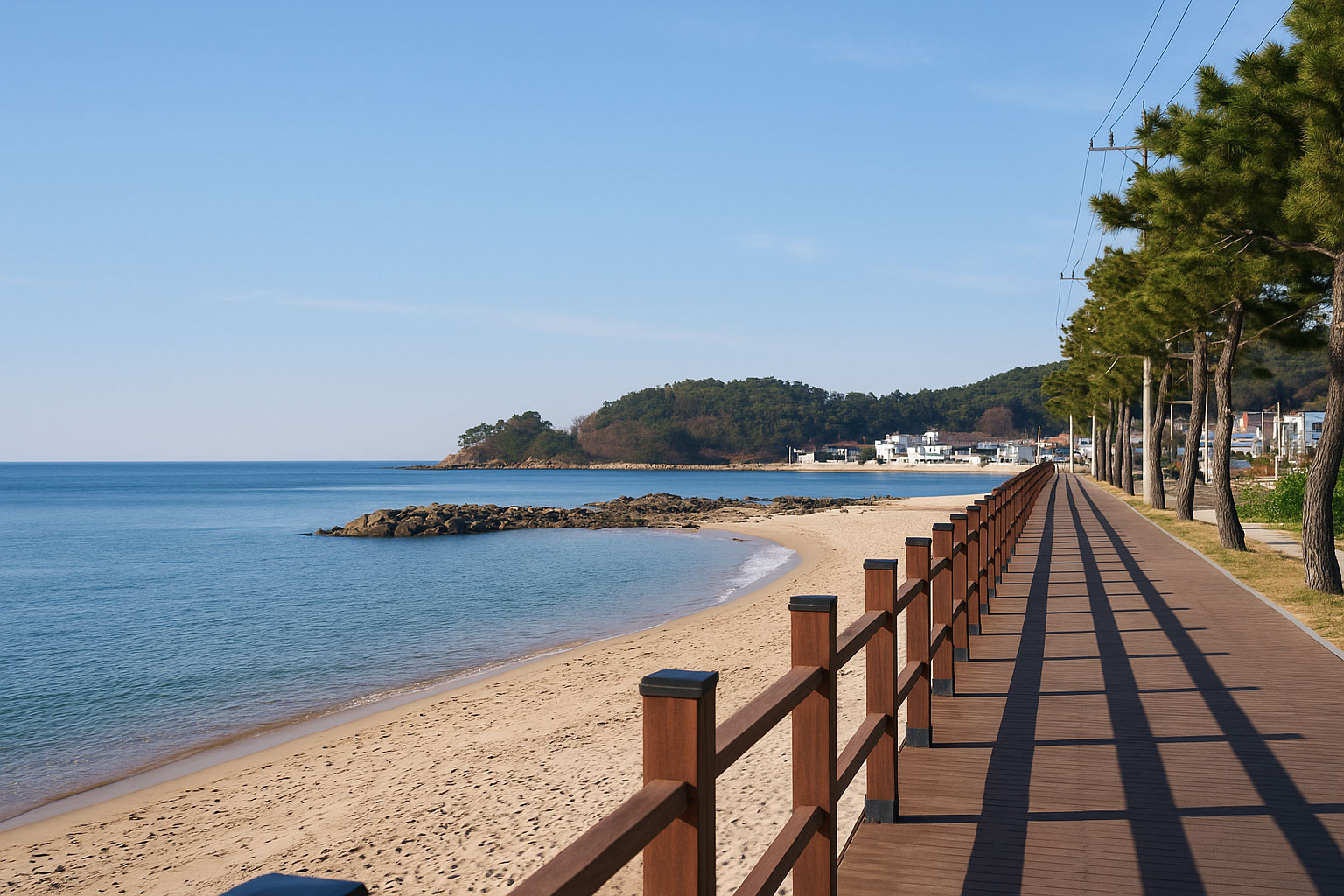 조용한 국내 바닷가 마을의 감성적인 풍경을 담은 이미지. 고요한 해변을 따라 한 사람이 여유롭게 산책하고 있으며, 따뜻한 햇살과 잔잔한 파도가 어우러진 장면.