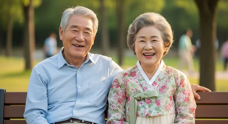 공원 벤치에 앉아 미소 짓는 노부부의 모습, 노년층 복지와 행복한 노후를 상징