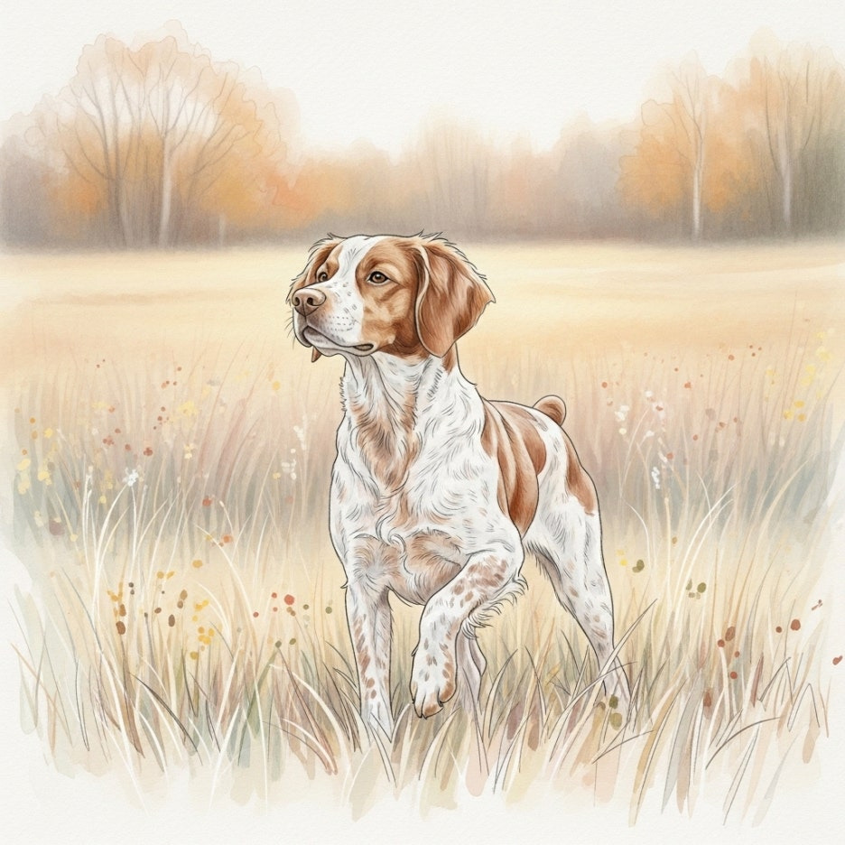 가을 들판에서 포즈를 취하는 브리타니 스파니엘