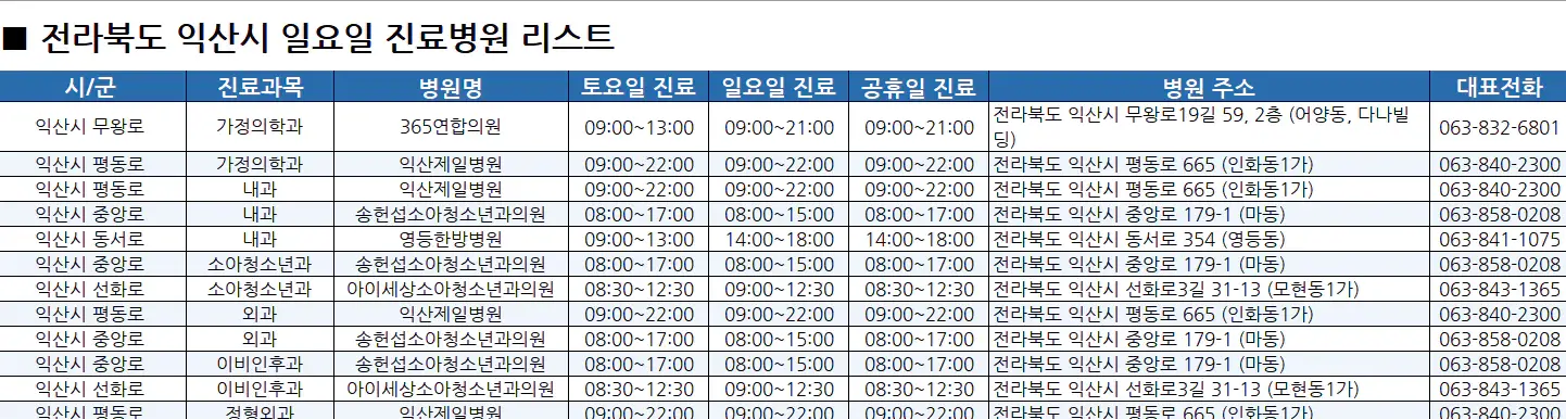 익산시-일요일-진료병원-리스트-예시