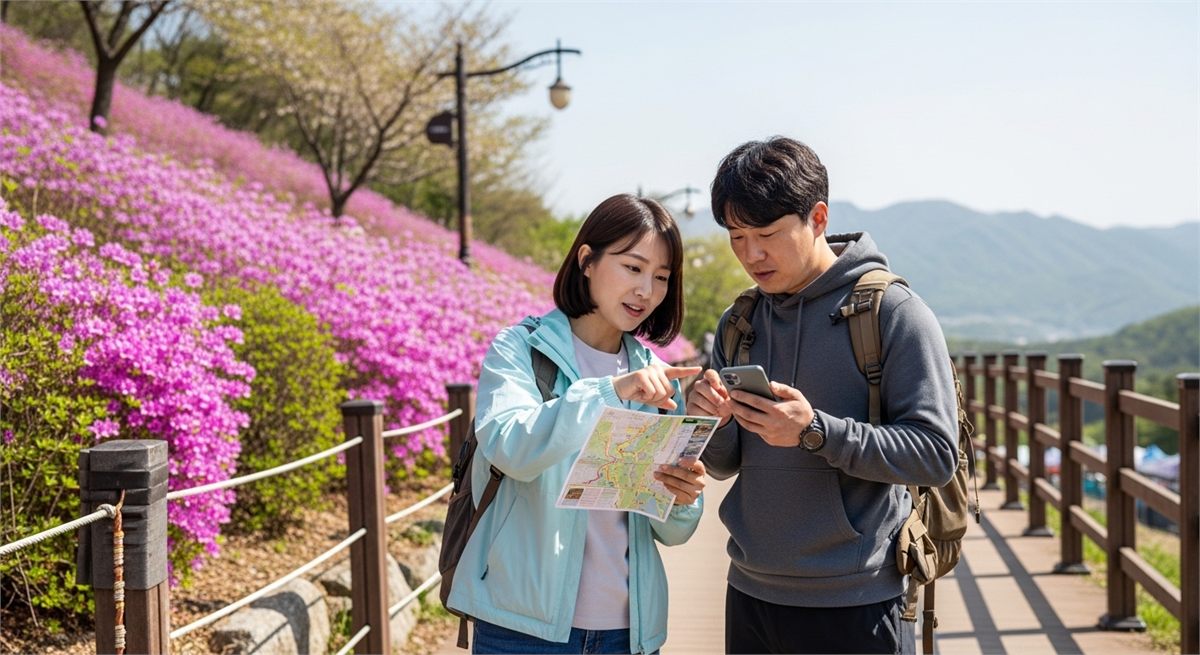 황매산 철쭉축제 동선을 확인하는 방문객 커플